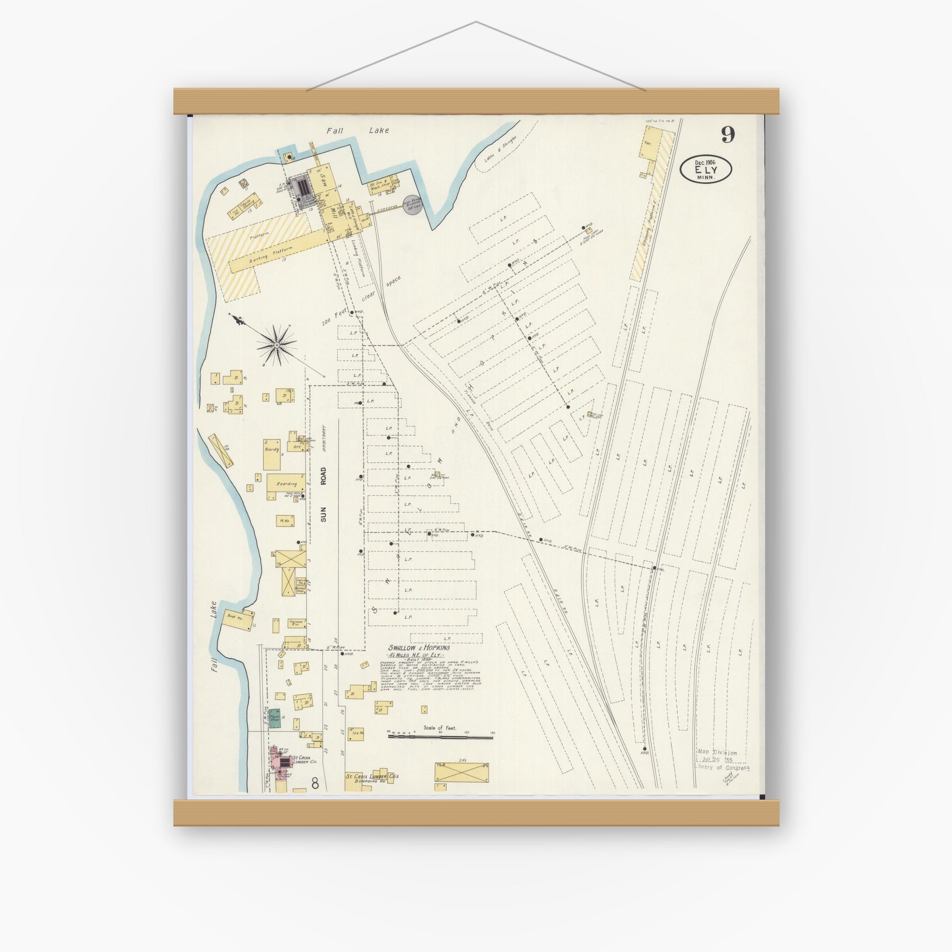 Old map wall art mockup — magnetic wood frame on white wall — Sanborn Fire Insurance Map from Ely, Saint Louis County, Minnesota (1906), Sheet #0009
