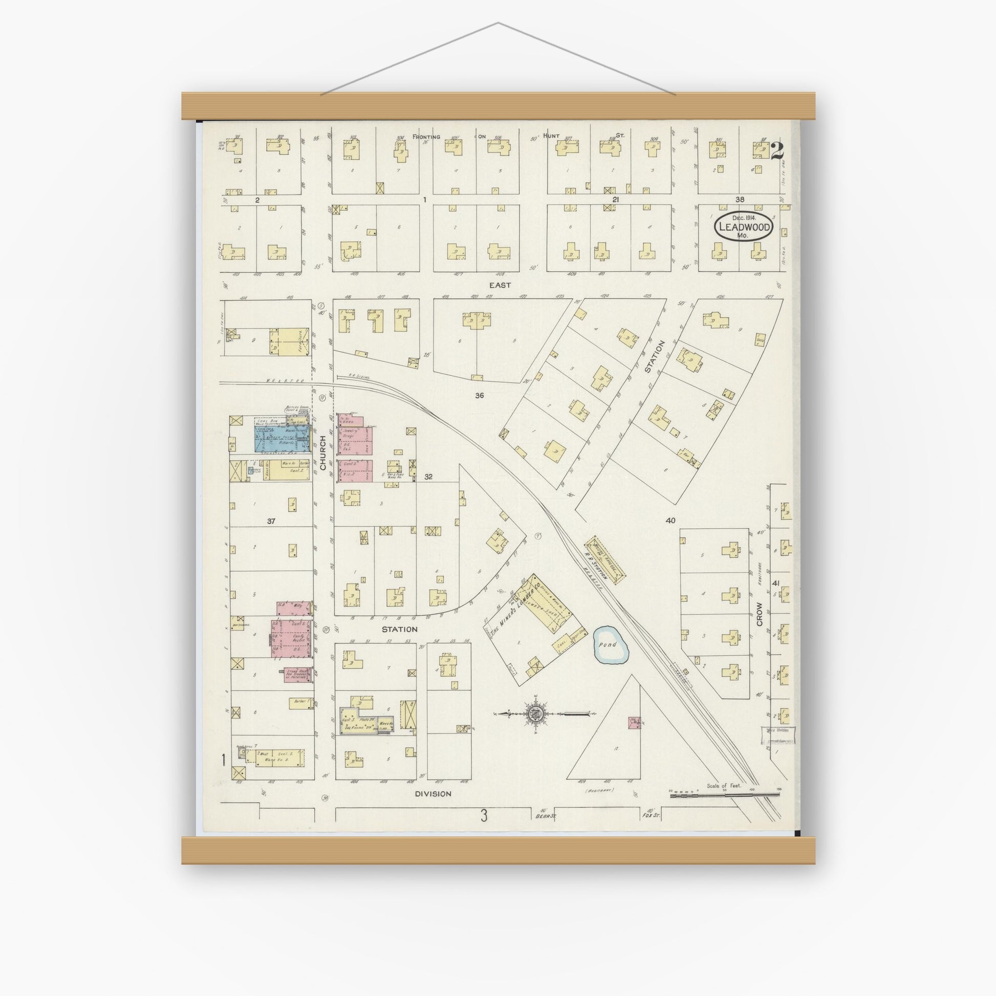 Old map wall art mockup — magnetic wood frame on white wall — Sanborn Fire Insurance Map from Leadwood, Saint Francois County, Missouri (1914), Sheet #0002