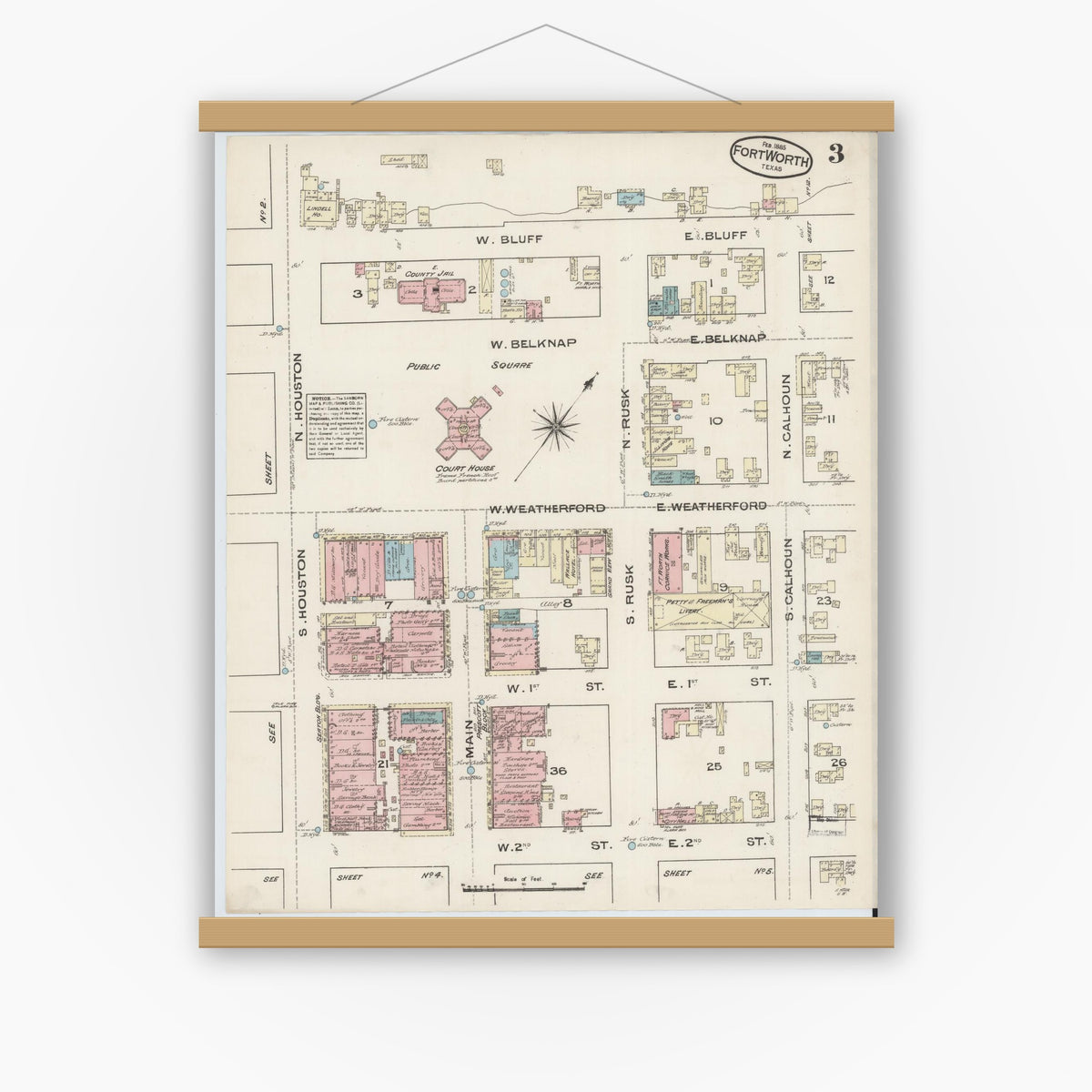 Old map wall art mockup — magnetic wood frame on white wall — Sanborn Fire Insurance Map from Fort Worth, Tarrant County, Texas (1885), Sheet #0003