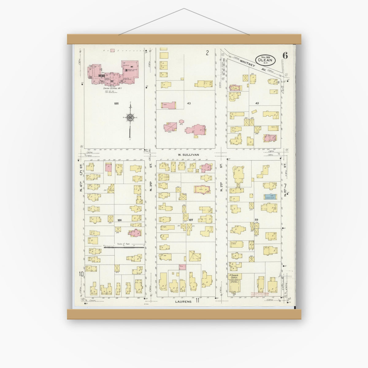 Old map wall art mockup — magnetic wood frame on white wall — Sanborn Fire Insurance Map from Olean, Cattaraugus County, New York (1909), Sheet #0006