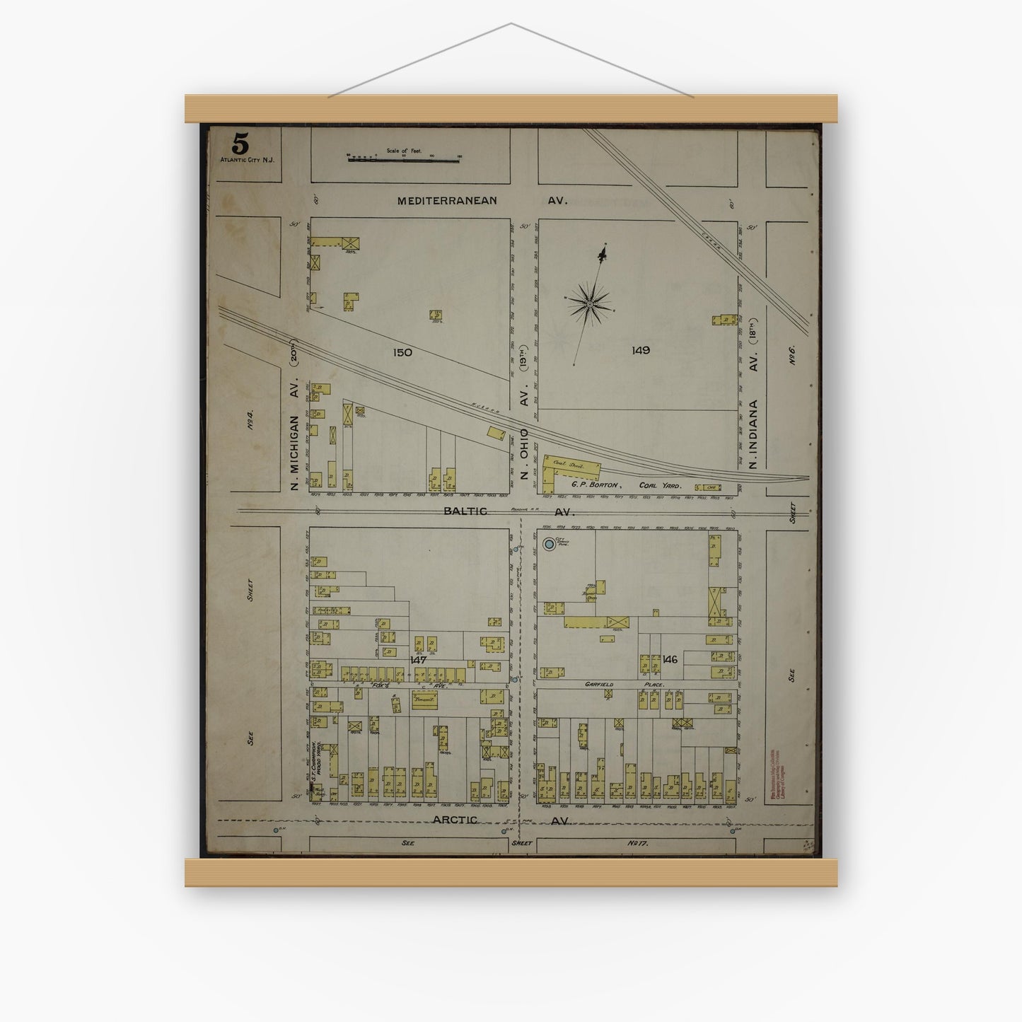 Old map wall art mockup — magnetic wood frame on white wall — Sanborn Fire Insurance Map from Atlantic City, Atlantic County, New Jersey (1886), Sheet #0005