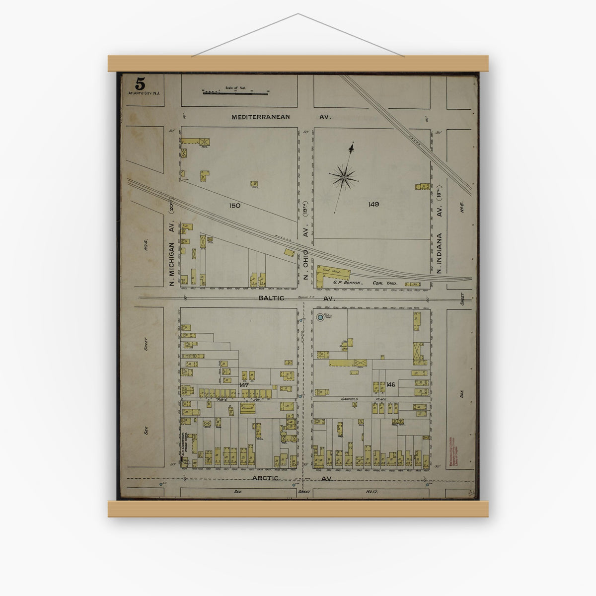 Old map wall art mockup — magnetic wood frame on white wall — Sanborn Fire Insurance Map from Atlantic City, Atlantic County, New Jersey (1886), Sheet #0005