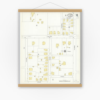 Old map wall art mockup — magnetic wood frame on white wall — Sanborn Fire Insurance Map from Tyler, Smith County, Texas (1912), Sheet #0006