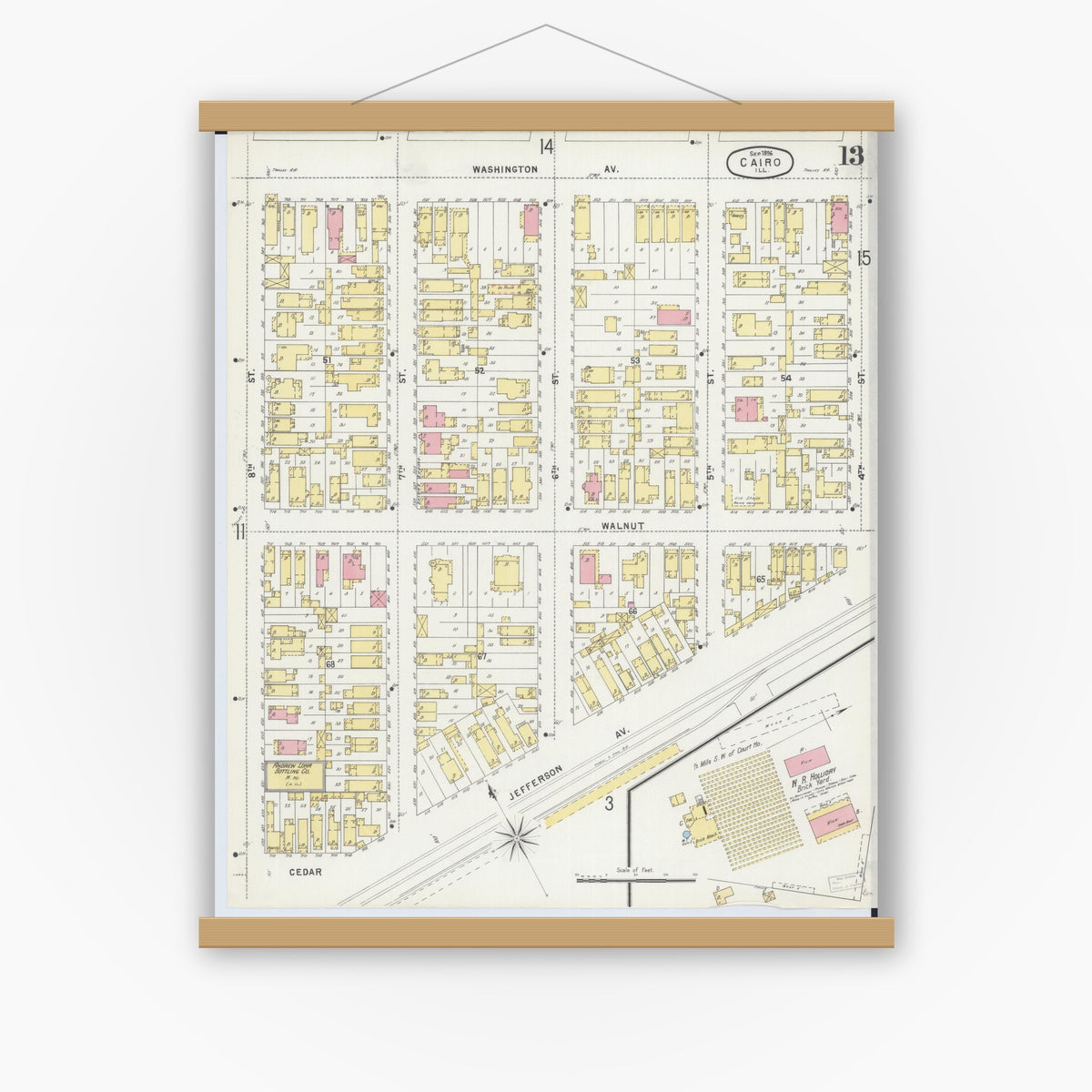 Old map wall art mockup — magnetic wood frame on white wall — Sanborn Fire Insurance Map from Cairo, Alexander County, Illinois (1896), Sheet #0013