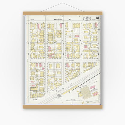 Old map wall art mockup — magnetic wood frame on white wall — Sanborn Fire Insurance Map from Cairo, Alexander County, Illinois (1896), Sheet #0013