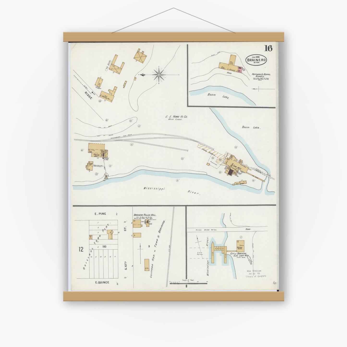 Old map wall art mockup — magnetic wood frame on white wall — Sanborn Fire Insurance Map from Brainerd, Crow Wing County, Minnesota (1898), Sheet #0016
