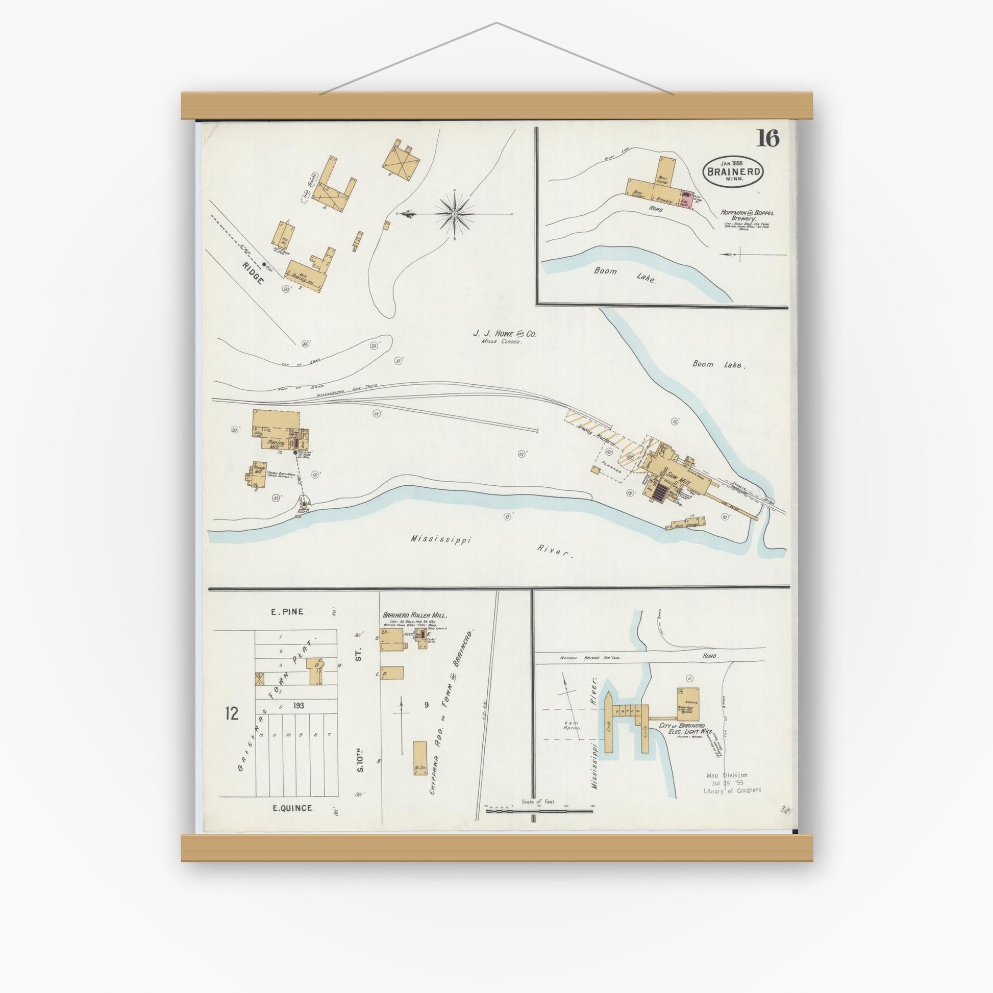 Old map wall art mockup — magnetic wood frame on white wall — Sanborn Fire Insurance Map from Brainerd, Crow Wing County, Minnesota (1898), Sheet #0016