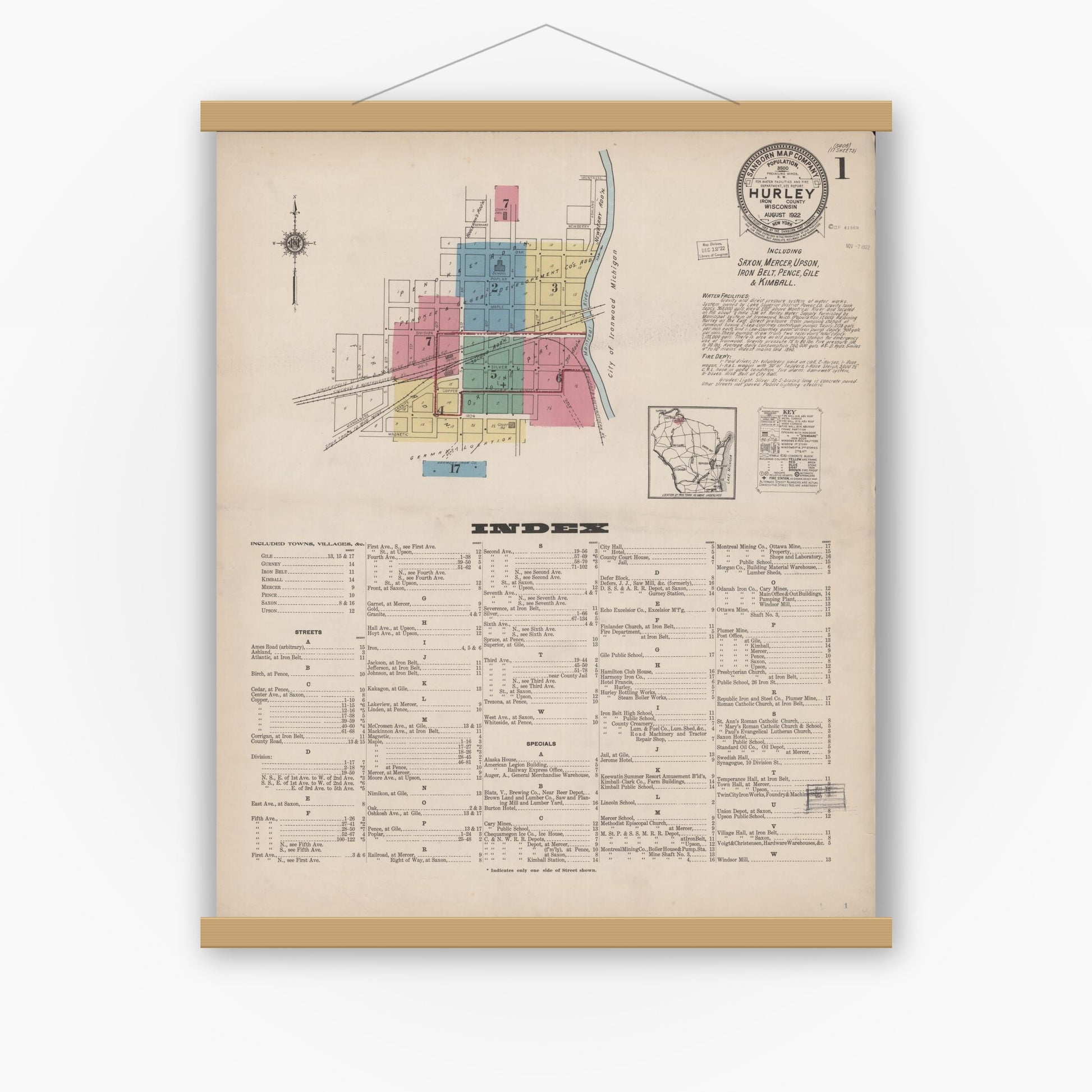 Old map wall art mockup — magnetic wood frame on white wall — Sanborn Fire Insurance Map from Hurley, Iron County, Wisconsin (1922) - Complete Map Set