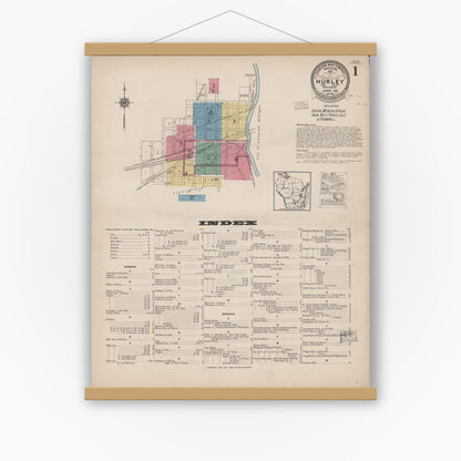 Old map wall art mockup — magnetic wood frame on white wall — Sanborn Fire Insurance Map from Hurley, Iron County, Wisconsin (1922) - Complete Map Set
