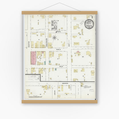 Old map wall art mockup — magnetic wood frame on white wall — Sanborn Fire Insurance Map from Crockett, Houston County, Texas (1891) - Complete Map Set