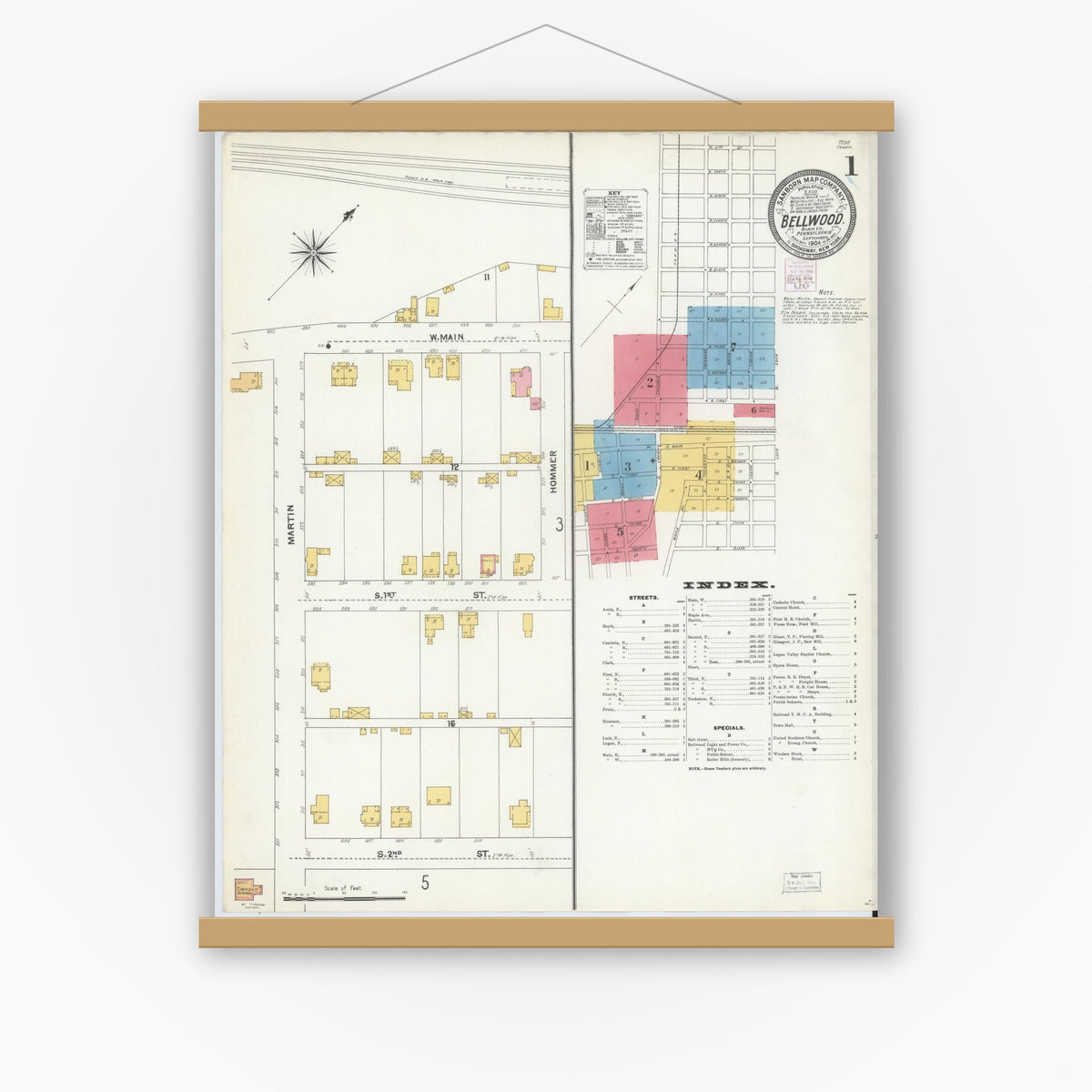 Old map wall art mockup — magnetic wood frame on white wall — Sanborn Fire Insurance Map from Bellwood, Blair County, Pennsylvania (1904) - Complete Map Set