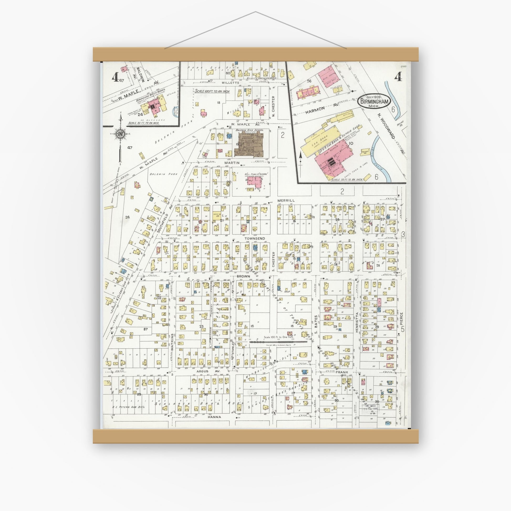 Old map wall art mockup — magnetic wood frame on white wall — Sanborn Fire Insurance Map from Birmingham, Oakland County, Michigan (1926), Sheet #0004