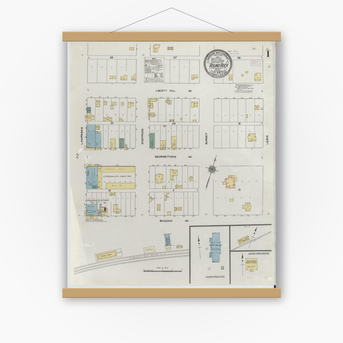 Old map wall art mockup — magnetic wood frame on white wall — Sanborn Fire Insurance Map from Round Rock, Williamson County, Texas (1909) - Complete Map Set