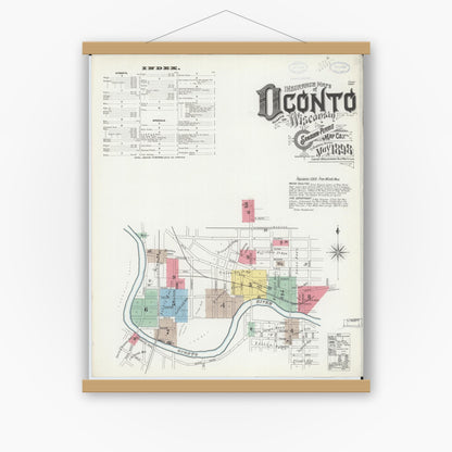 Old map wall art mockup — magnetic wood frame on white wall — Sanborn Fire Insurance Map from Oconto, Oconto County, Wisconsin (1898), Sheet #0001