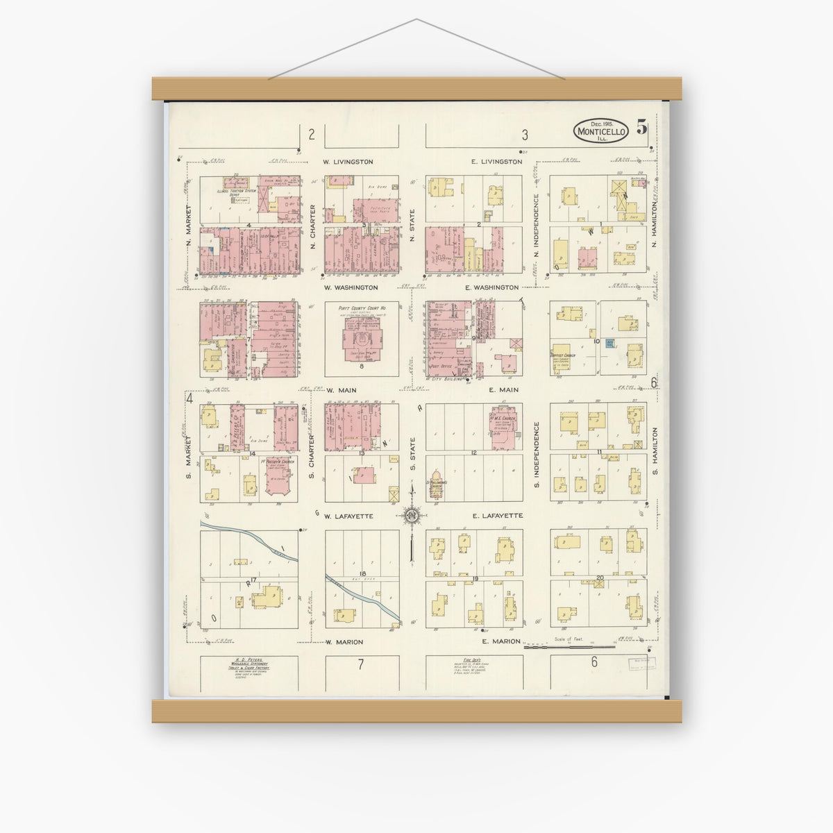 Old map wall art mockup — magnetic wood frame on white wall — Sanborn Fire Insurance Map from Monticello, Piatt County, Illinois (1915), Sheet #0005