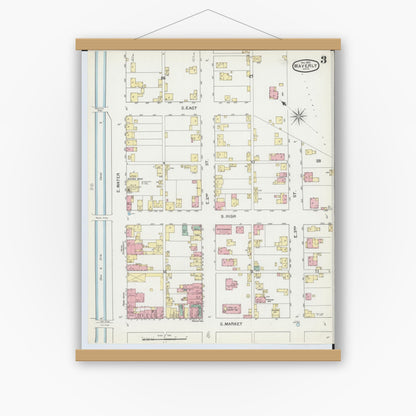 Old map wall art mockup — magnetic wood frame on white wall — Sanborn Fire Insurance Map from Waverly, Pike County, Ohio (1892), Sheet #0003