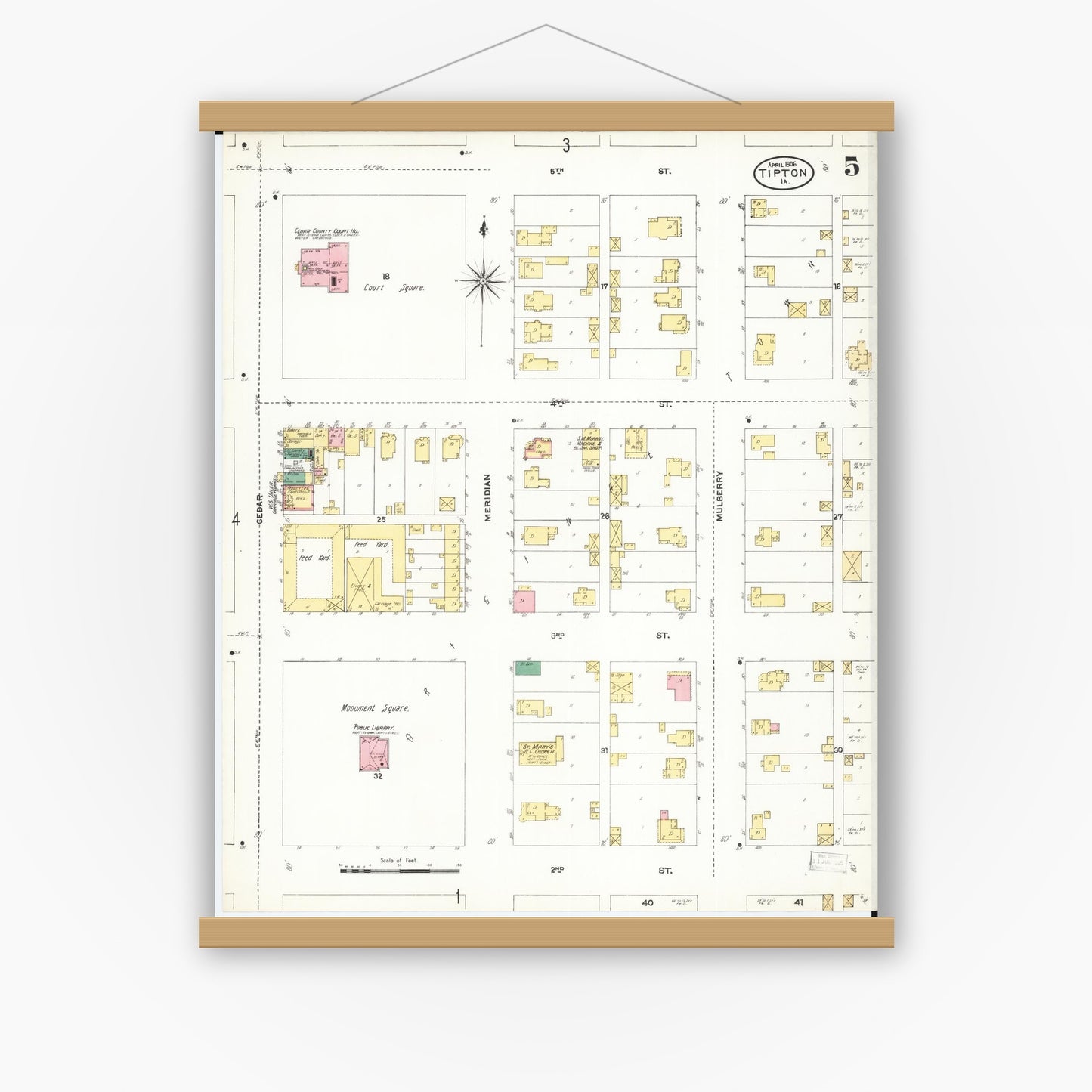 Old map wall art mockup — magnetic wood frame on white wall — Sanborn Fire Insurance Map from Tipton, Cedar County, Iowa (1906), Sheet #0005