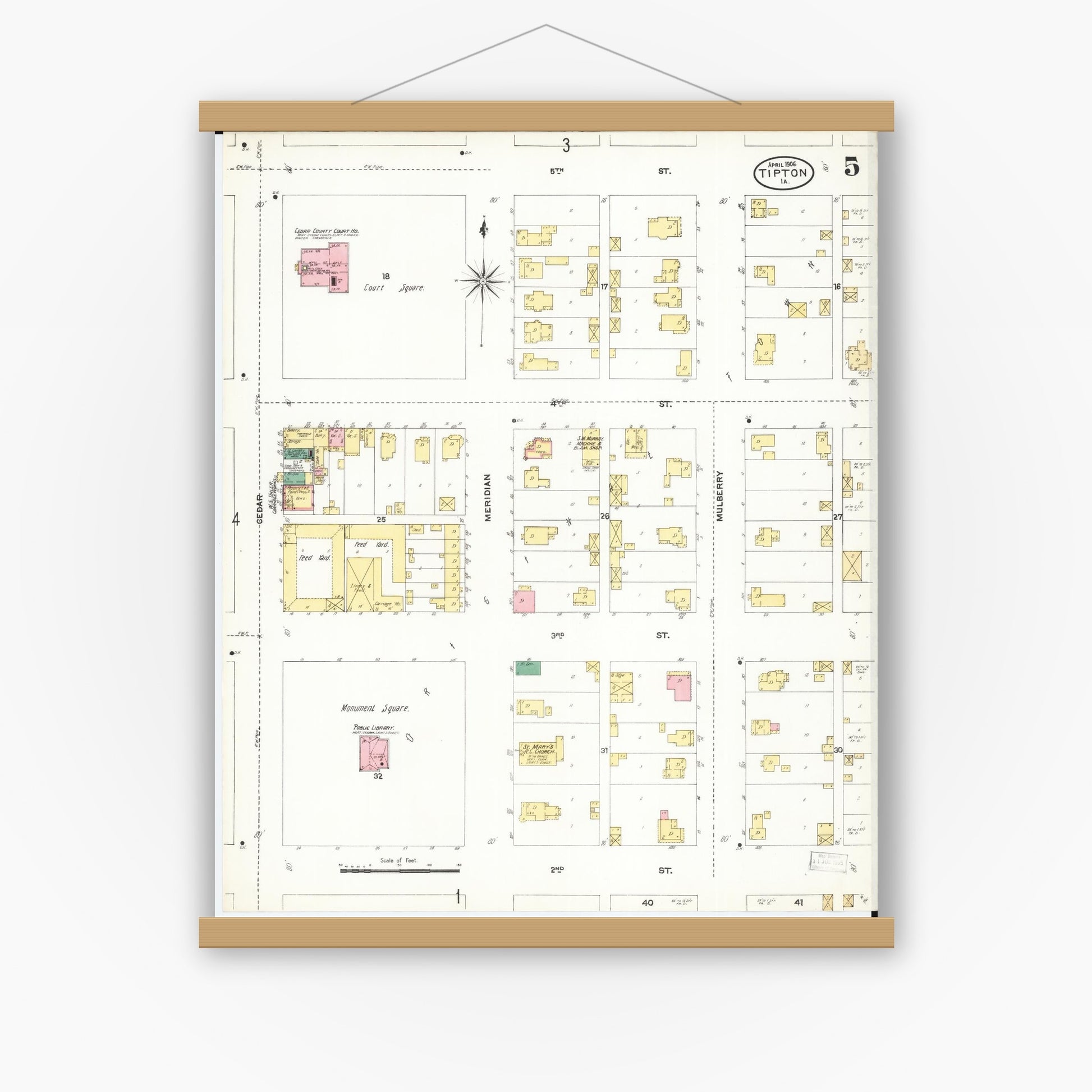 Old map wall art mockup — magnetic wood frame on white wall — Sanborn Fire Insurance Map from Tipton, Cedar County, Iowa (1906), Sheet #0005