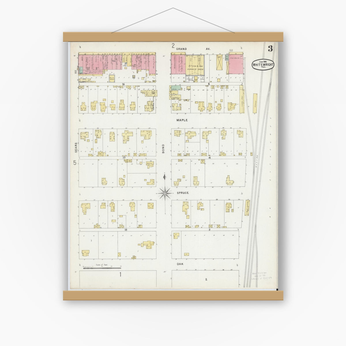 Old map wall art mockup — magnetic wood frame on white wall — Sanborn Fire Insurance Map from Whitewright, Grayson County, Texas (1896), Sheet #0003