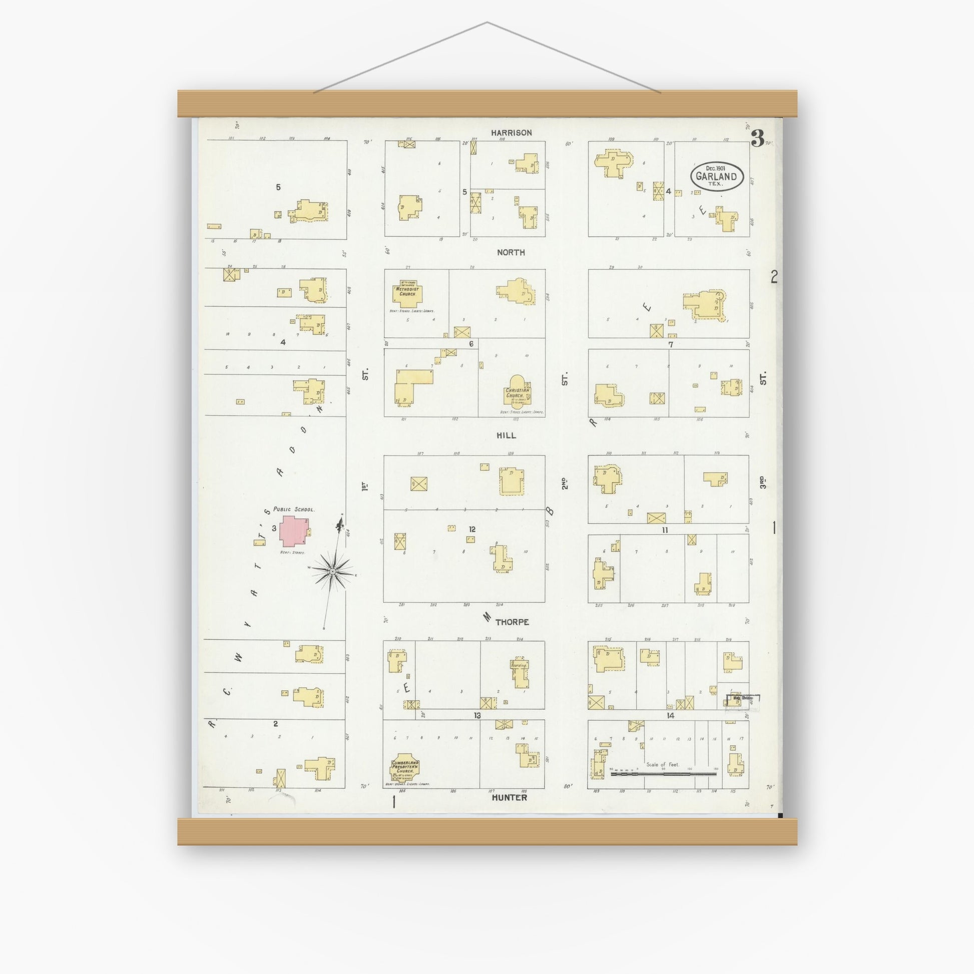 Old map wall art mockup — magnetic wood frame on white wall — Sanborn Fire Insurance Map from Garland, Dallas County, Texas (1901), Sheet #0003
