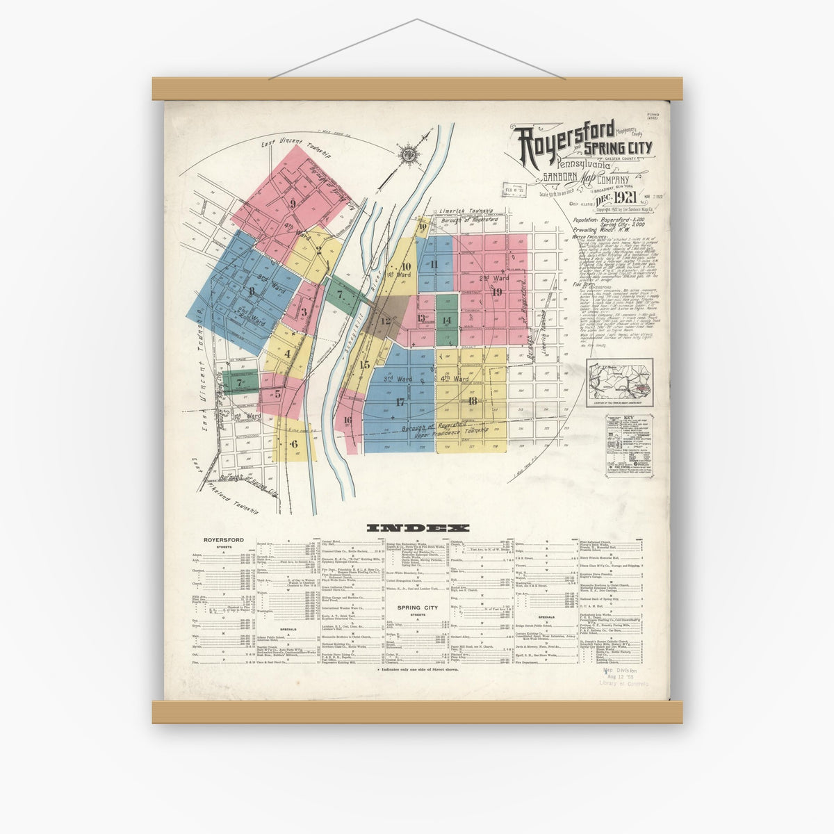Old map wall art mockup — magnetic wood frame on white wall — Sanborn Fire Insurance Map from Royersford, Montgomery County, Pennsylvania (1921) - Complete Map Set