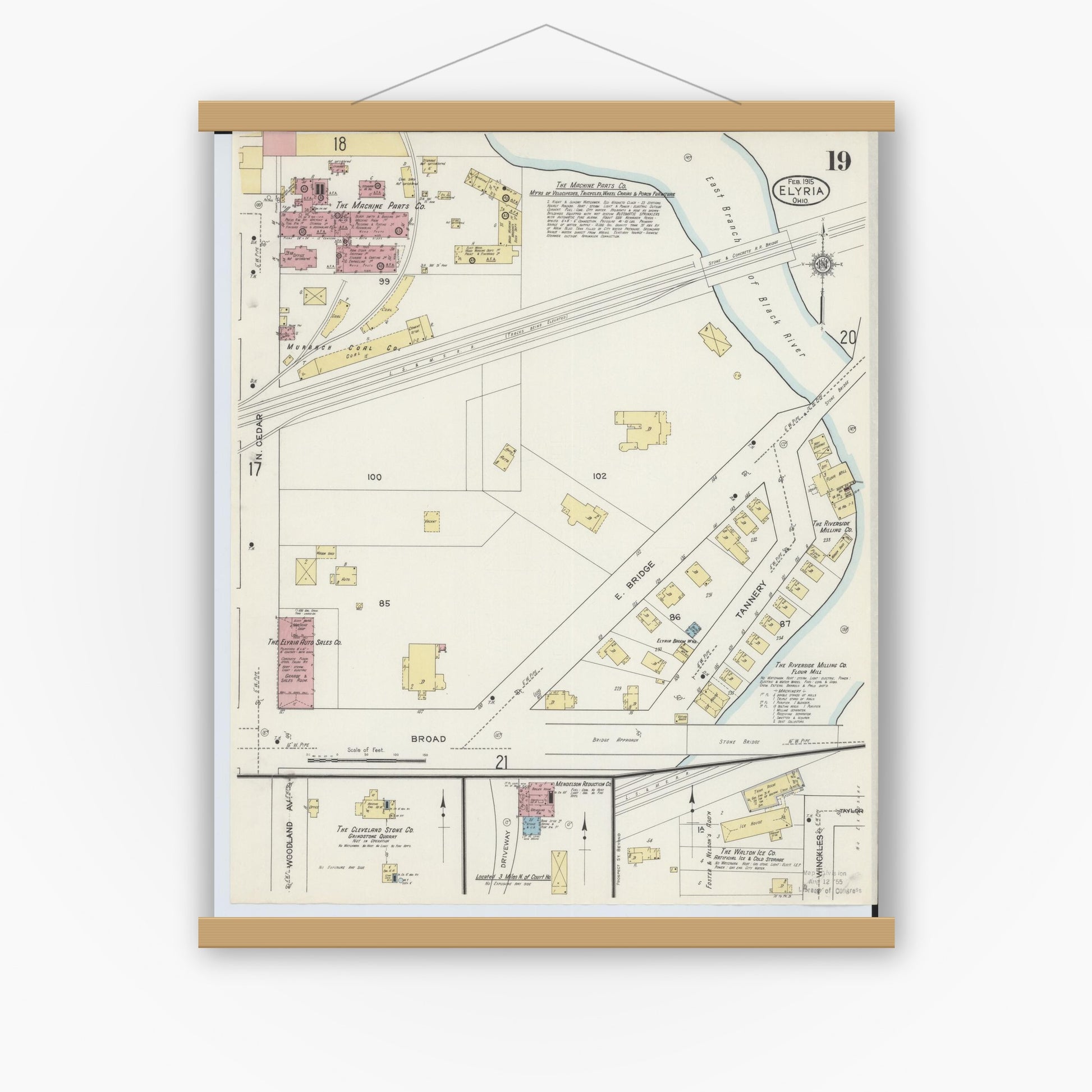 Old map wall art mockup — magnetic wood frame on white wall — Sanborn Fire Insurance Map from Elyria, Lorain County, Ohio (1915), Sheet #0019