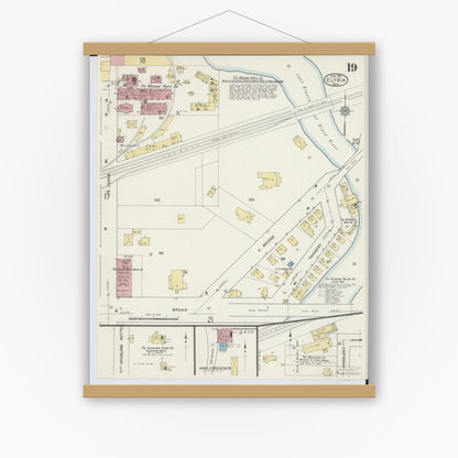 Old map wall art mockup — magnetic wood frame on white wall — Sanborn Fire Insurance Map from Elyria, Lorain County, Ohio (1915), Sheet #0019