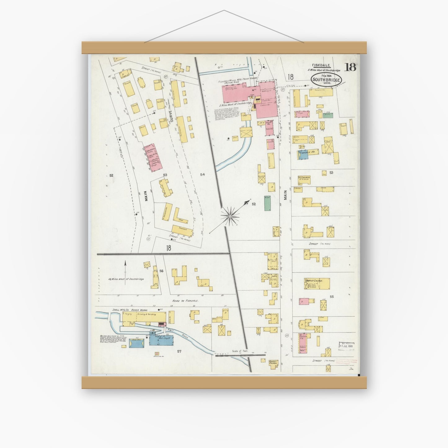Old map wall art mockup — magnetic wood frame on white wall — Sanborn Fire Insurance Map from Southbridge, Worcester County, Massachusetts (1904), Sheet #0018