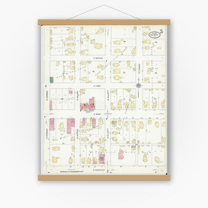 Old map wall art mockup — magnetic wood frame on white wall — Sanborn Fire Insurance Map from Olney, Richland County, Illinois (1910), Sheet #0005