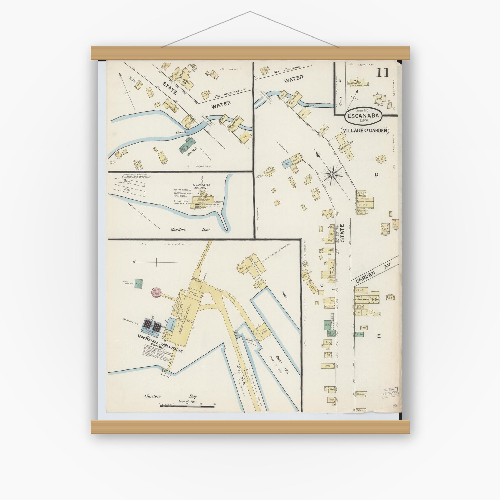 Old map wall art mockup — magnetic wood frame on white wall — Sanborn Fire Insurance Map from Escanaba, Delta County, Michigan (1888), Sheet #0011