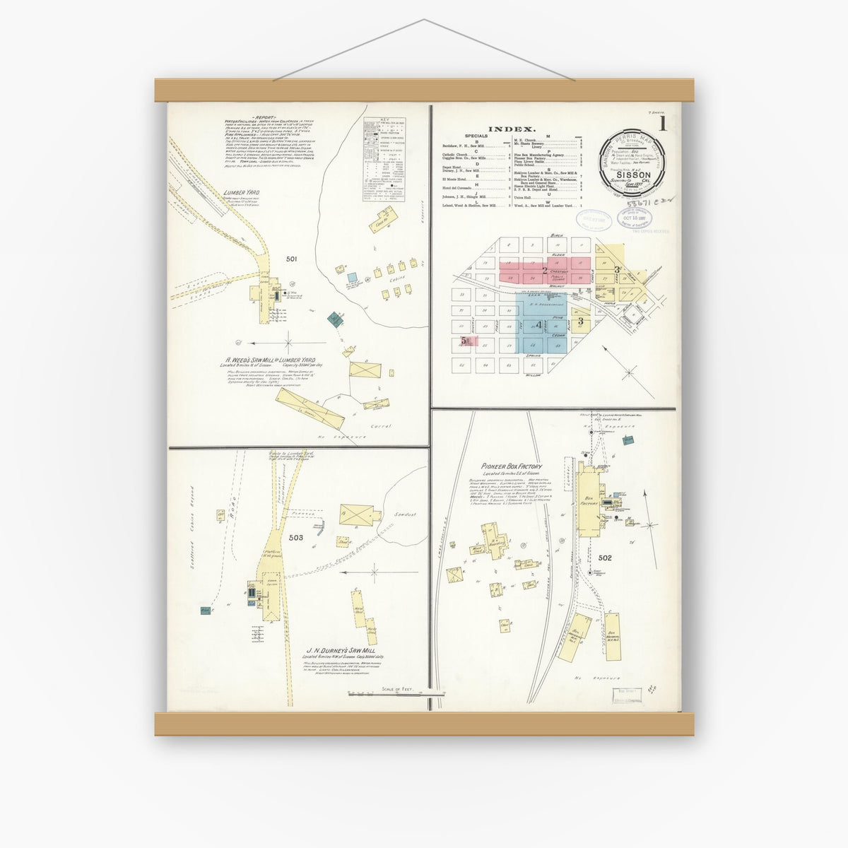 Old map wall art mockup — magnetic wood frame on white wall — Sanborn Fire Insurance Map from Sisson, Siskiyou County, California (1897) - Complete Map Set