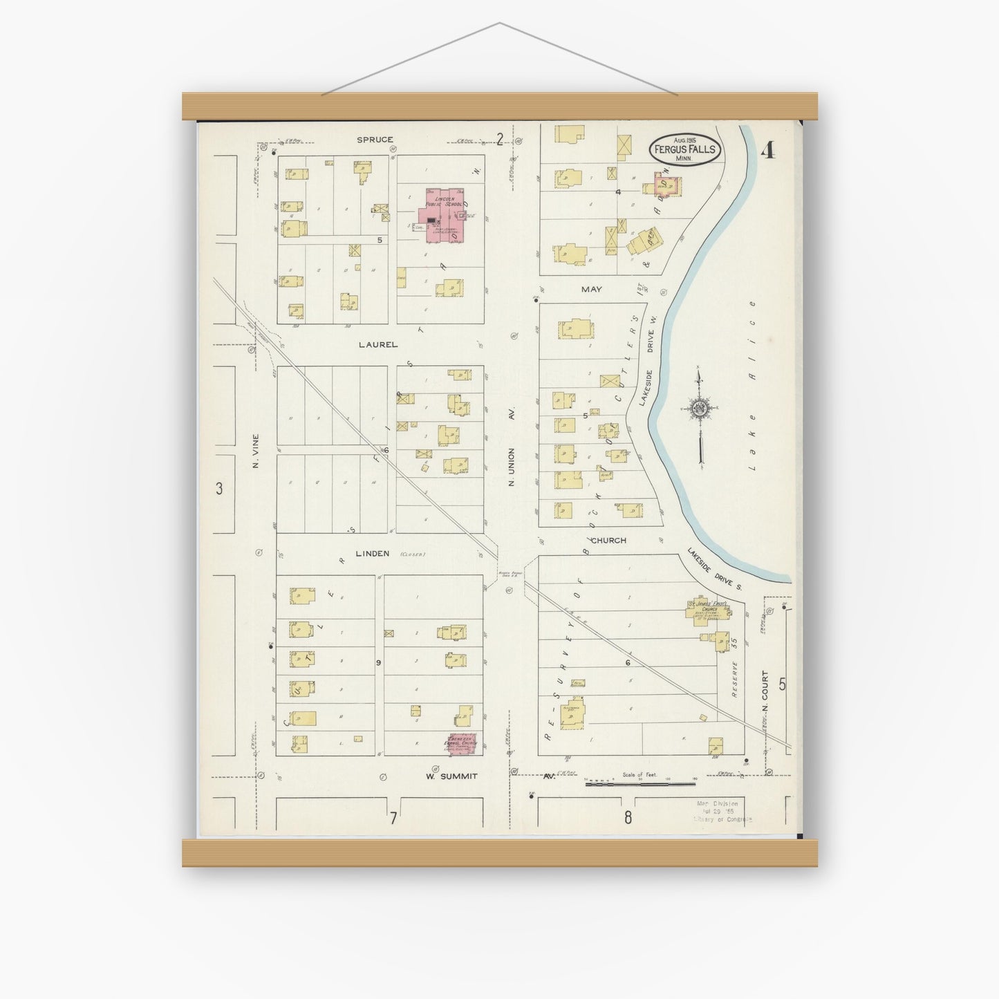 Old map wall art mockup — magnetic wood frame on white wall — Sanborn Fire Insurance Map from Fergus Falls, Otter Tail County, Minnesota (1915), Sheet #0004