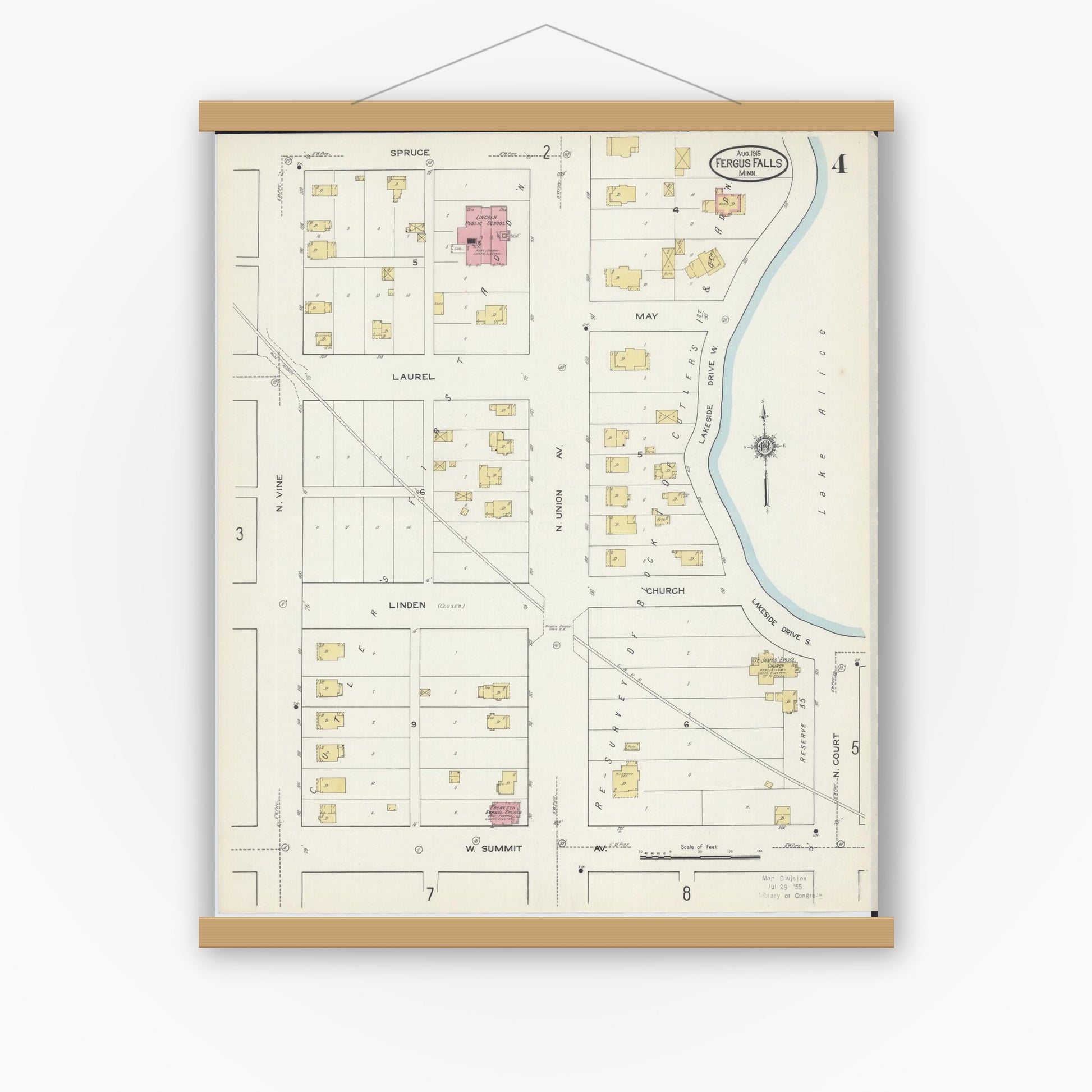 Old map wall art mockup — magnetic wood frame on white wall — Sanborn Fire Insurance Map from Fergus Falls, Otter Tail County, Minnesota (1915), Sheet #0004