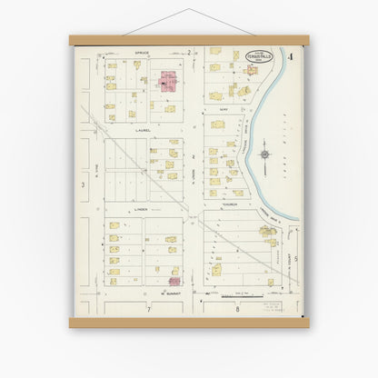 Old map wall art mockup — magnetic wood frame on white wall — Sanborn Fire Insurance Map from Fergus Falls, Otter Tail County, Minnesota (1915), Sheet #0004