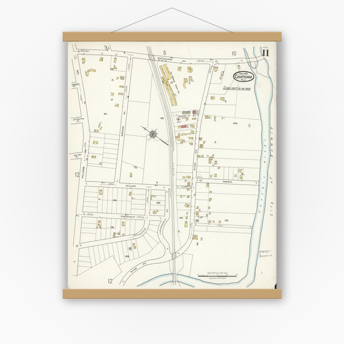 Old map wall art mockup — magnetic wood frame on white wall — Sanborn Fire Insurance Map from Chatham, Morris County, New Jersey (1921), Sheet #0011