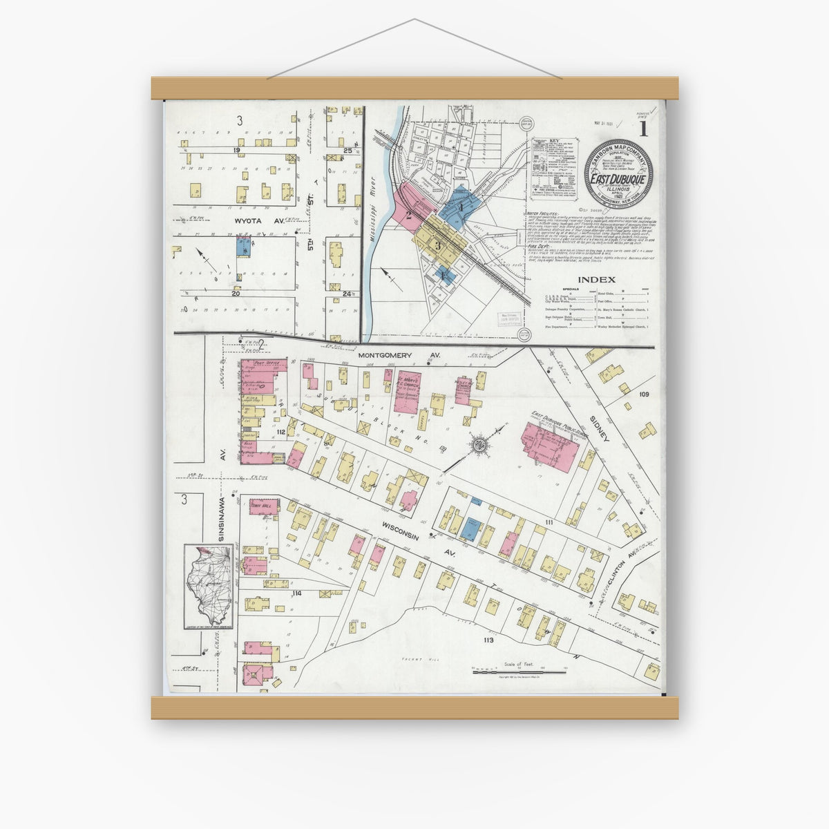 Old map wall art mockup — magnetic wood frame on white wall — Sanborn Fire Insurance Map from East Dubuque, Jo Daviess County, Illinois (1921) - Complete Map Set