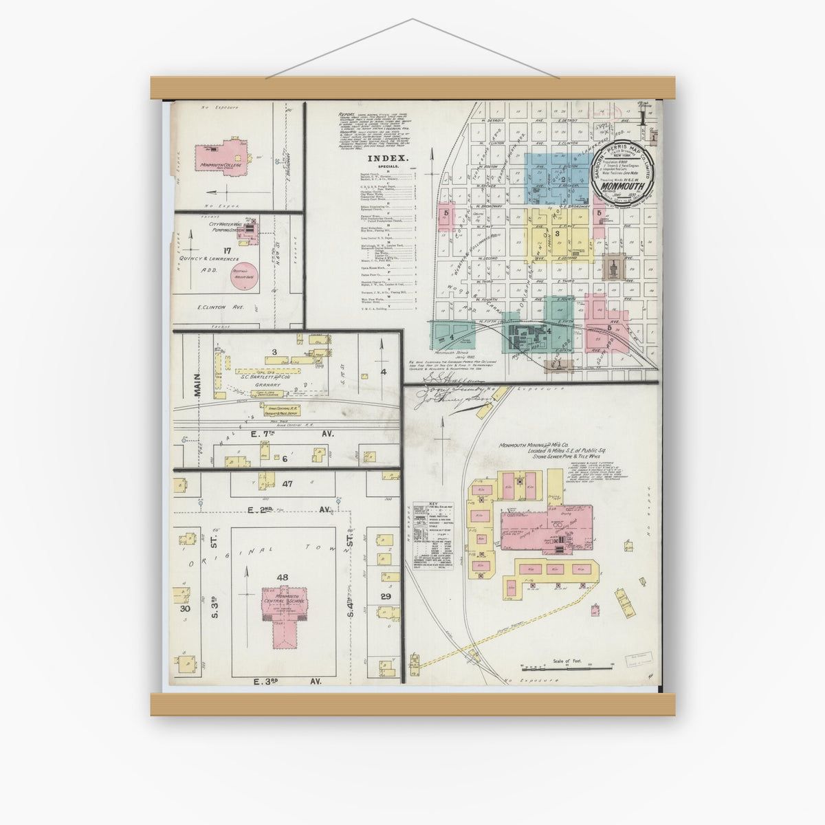Old map wall art mockup — magnetic wood frame on white wall — Sanborn Fire Insurance Map from Monmouth, Warren County, Illinois (1892) - Complete Map Set