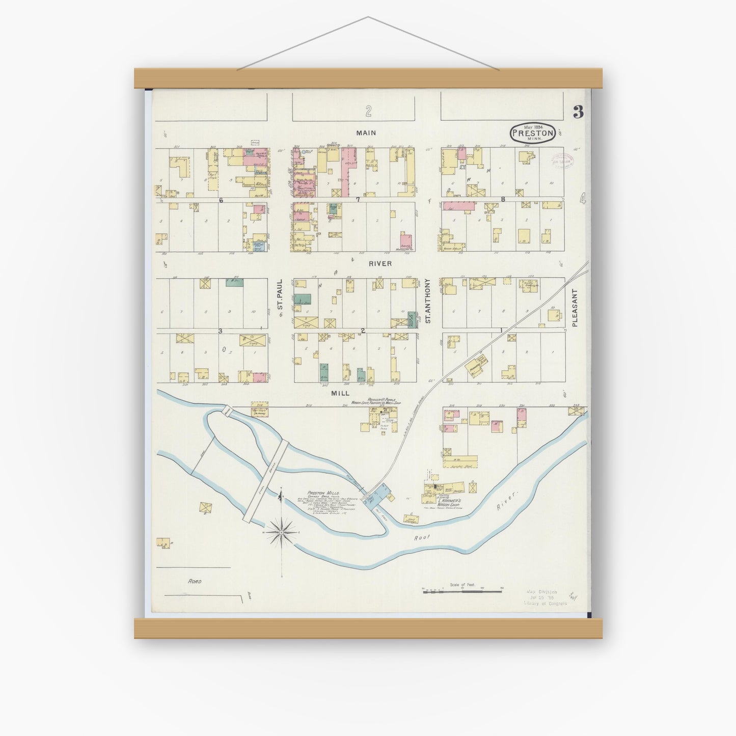 Old map wall art mockup — magnetic wood frame on white wall — Sanborn Fire Insurance Map from Preston, Fillmore County, Minnesota (1894), Sheet #0003