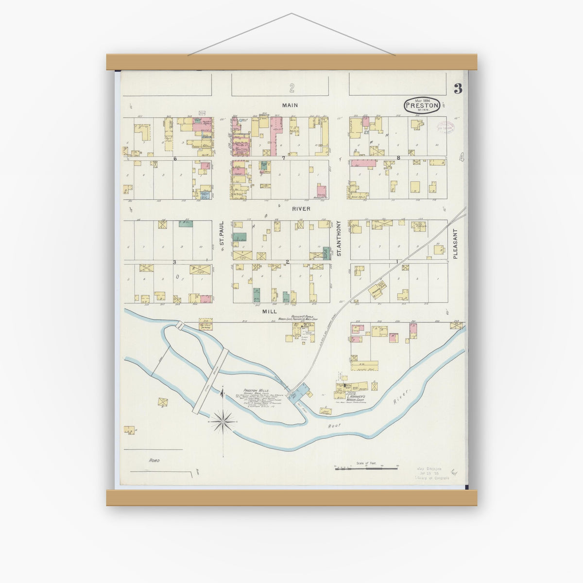 Old map wall art mockup — magnetic wood frame on white wall — Sanborn Fire Insurance Map from Preston, Fillmore County, Minnesota (1894), Sheet #0003