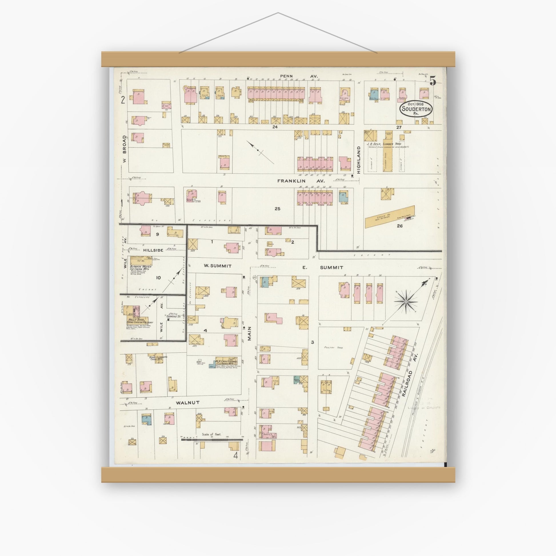 Old map wall art mockup — magnetic wood frame on white wall — Sanborn Fire Insurance Map from Souderton, Montgomery County, Pennsylvania (1908), Sheet #0005