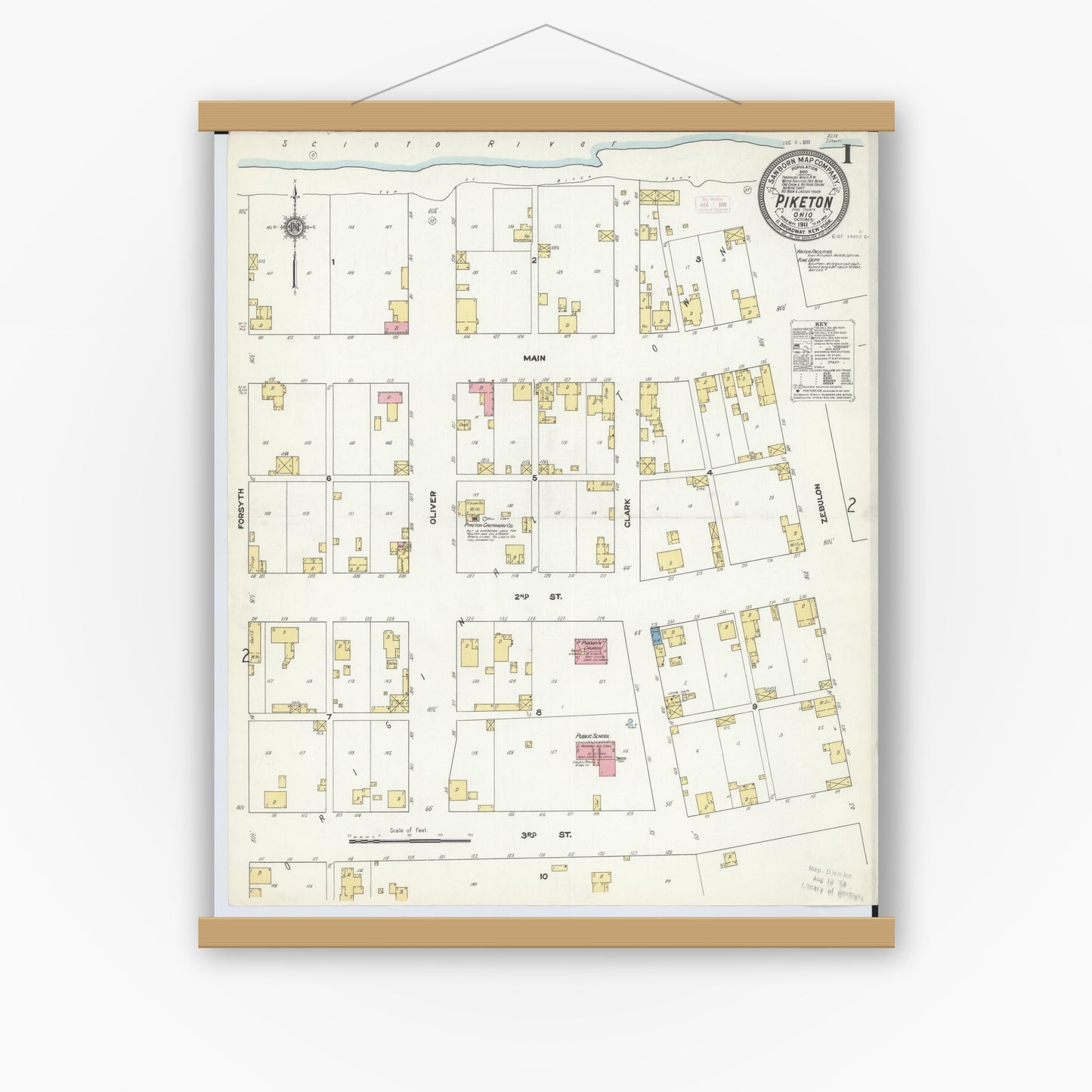 Old map wall art mockup — magnetic wood frame on white wall — Sanborn Fire Insurance Map from Piketon, Pike County, Ohio (1911), Sheet #0001