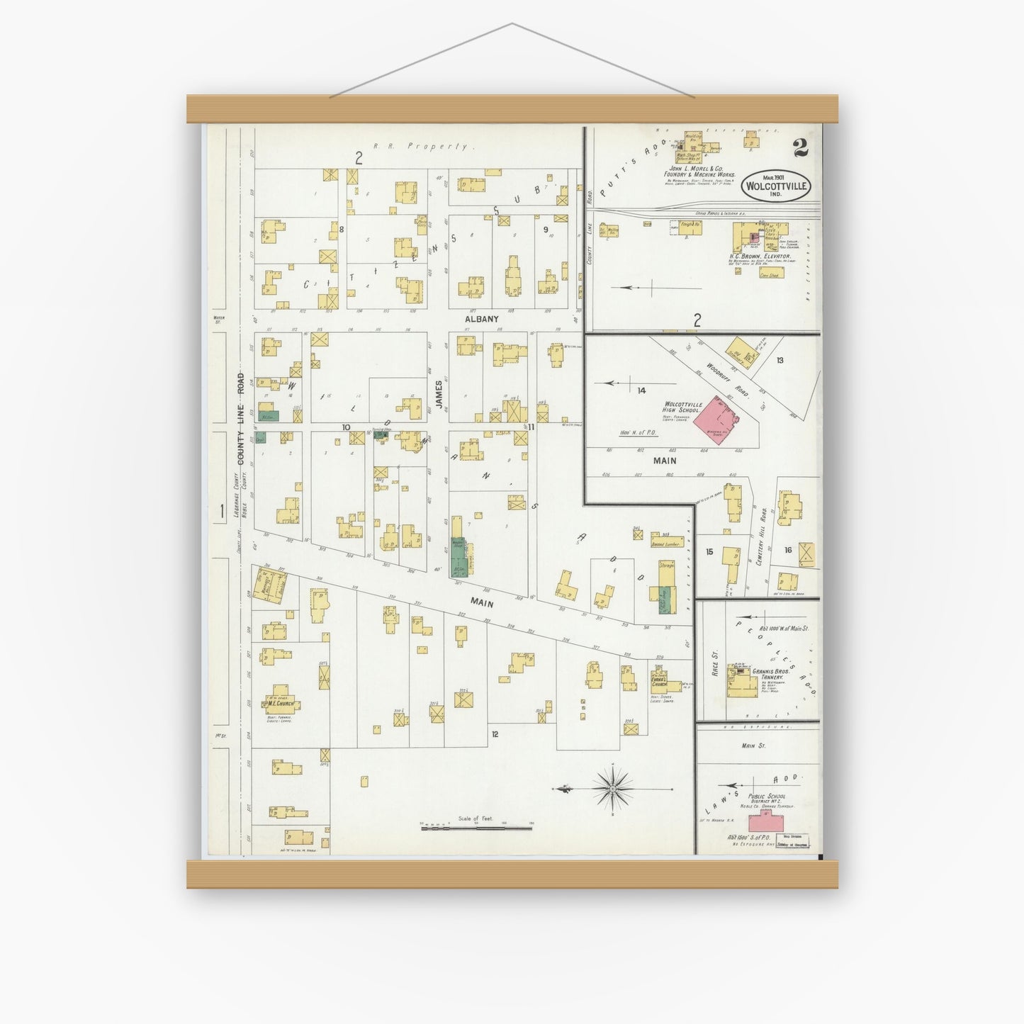 Old map wall art mockup — magnetic wood frame on white wall — Sanborn Fire Insurance Map from Wolcottville, Noble And LaGrange Counties, Indiana (1901), Sheet #0002