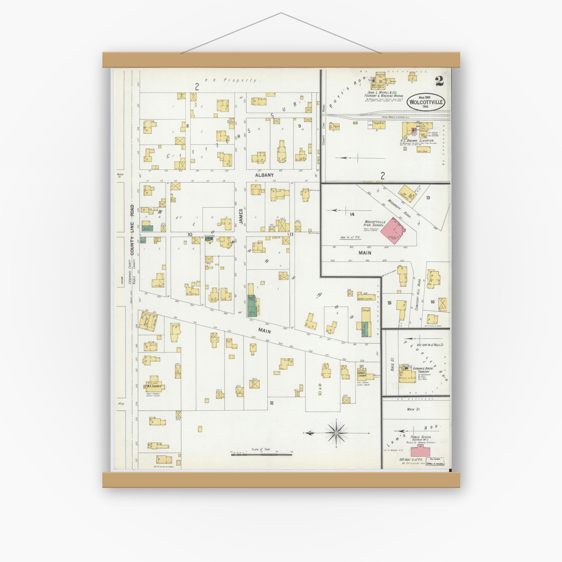 Old map wall art mockup — magnetic wood frame on white wall — Sanborn Fire Insurance Map from Wolcottville, Noble And LaGrange Counties, Indiana (1901), Sheet #0002