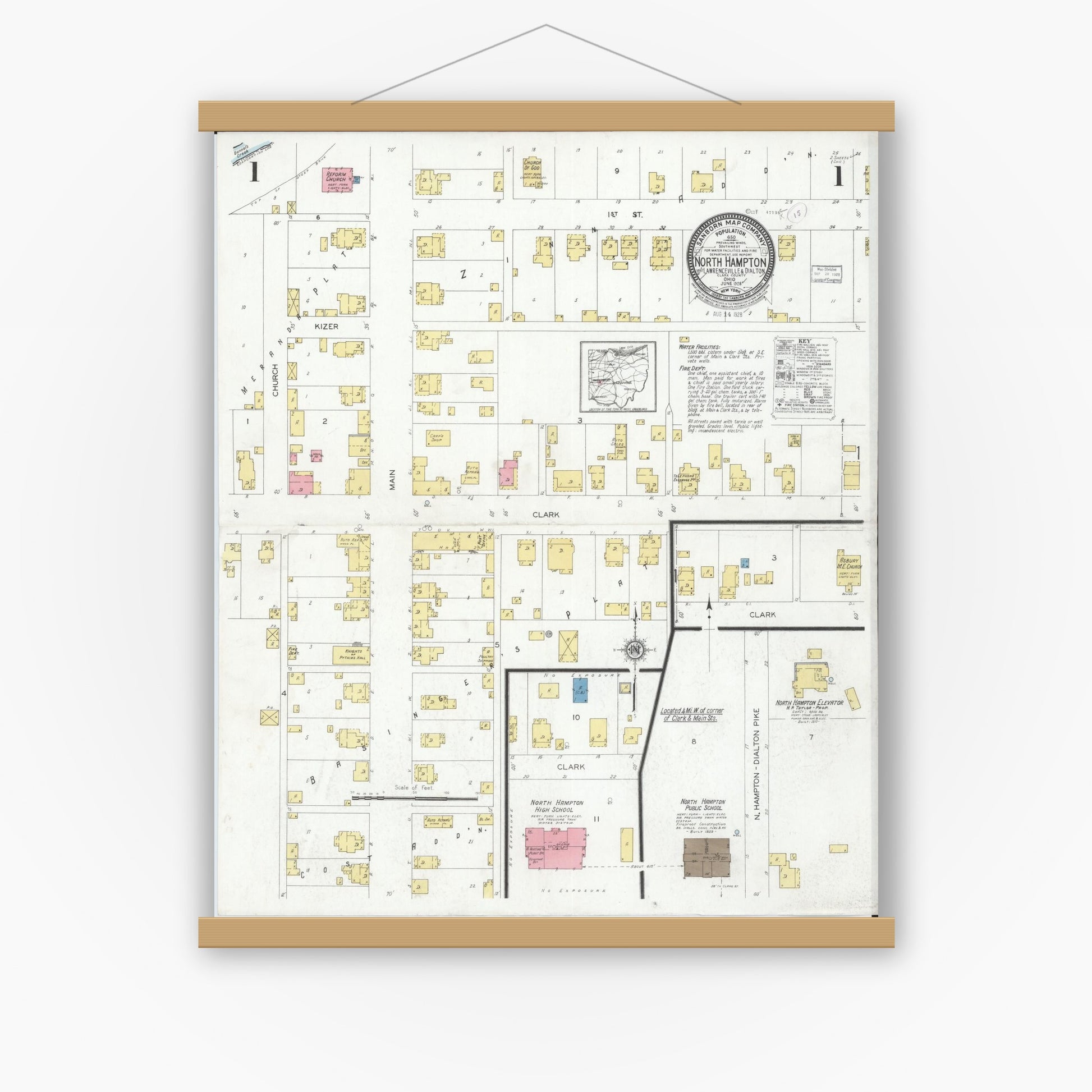 Old map wall art mockup — magnetic wood frame on white wall — Sanborn Fire Insurance Map from North Hampton, Clark County, Ohio (1928) - Complete Map Set