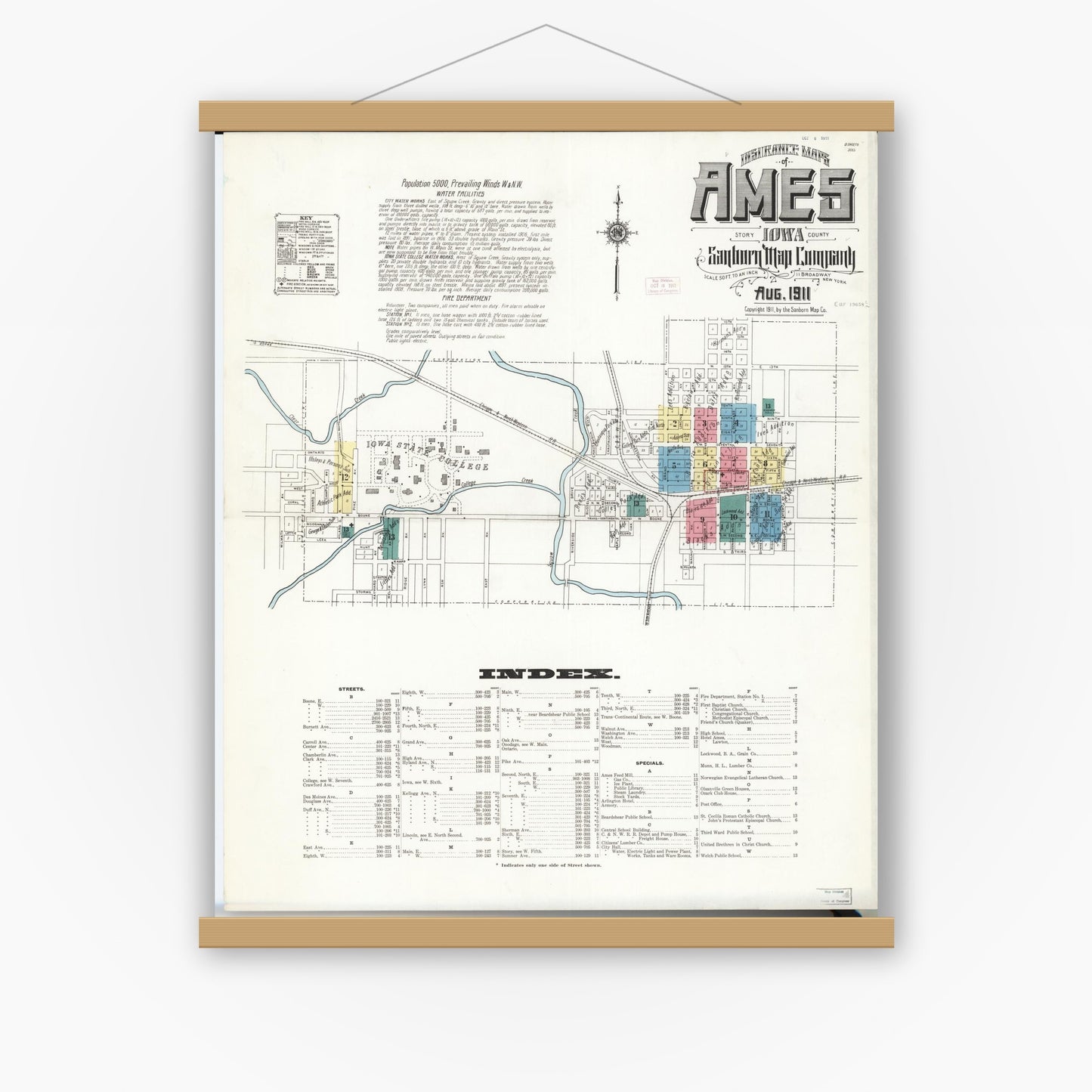 Old map wall art mockup — magnetic wood frame on white wall — Sanborn Fire Insurance Map from Ames, Story County, Iowa (1911) â€” Complete Set