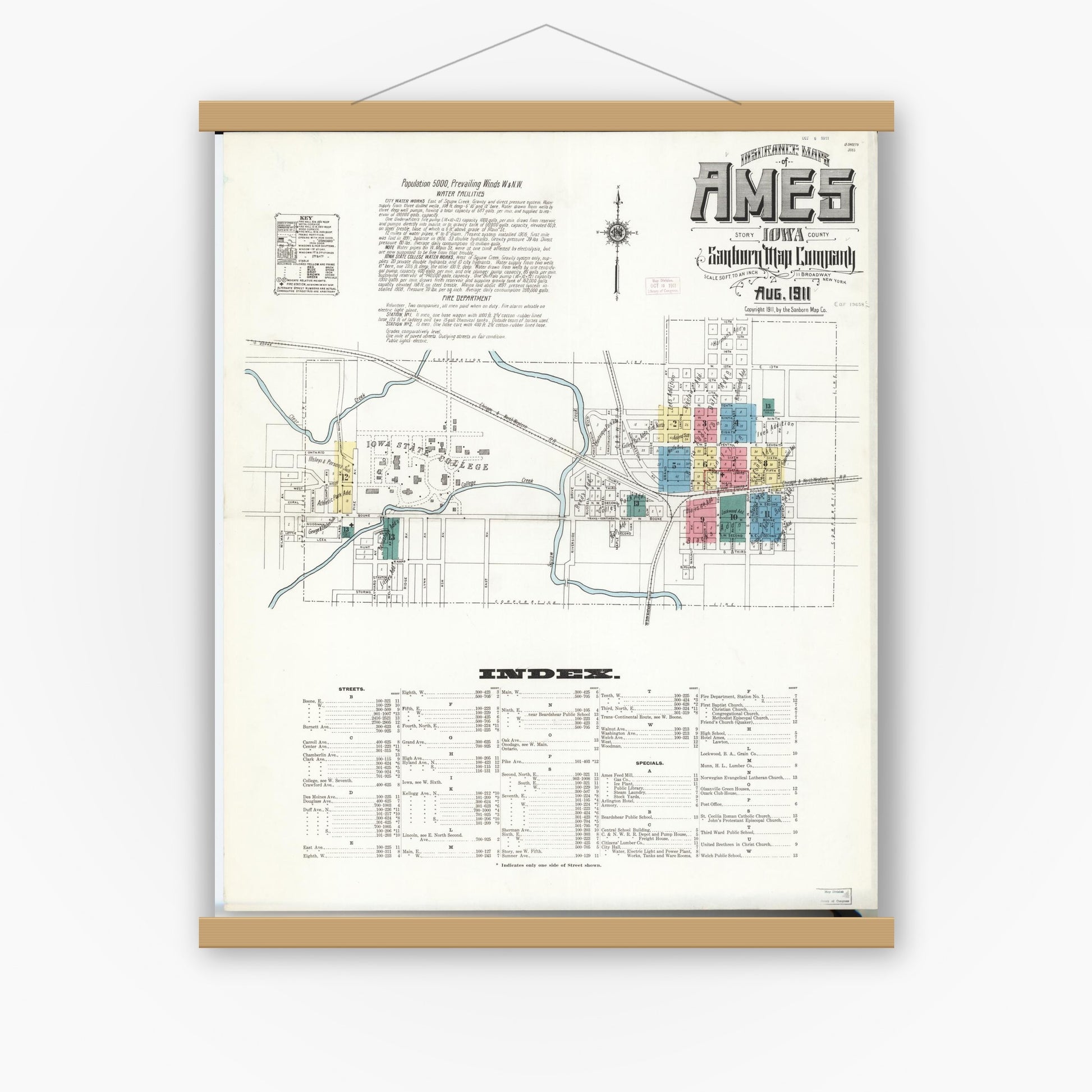 Old map wall art mockup — magnetic wood frame on white wall — Sanborn Fire Insurance Map from Ames, Story County, Iowa (1911) â€” Complete Set