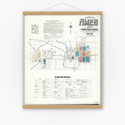 Old map wall art mockup — magnetic wood frame on white wall — Sanborn Fire Insurance Map from Ames, Story County, Iowa (1911) â€” Complete Set