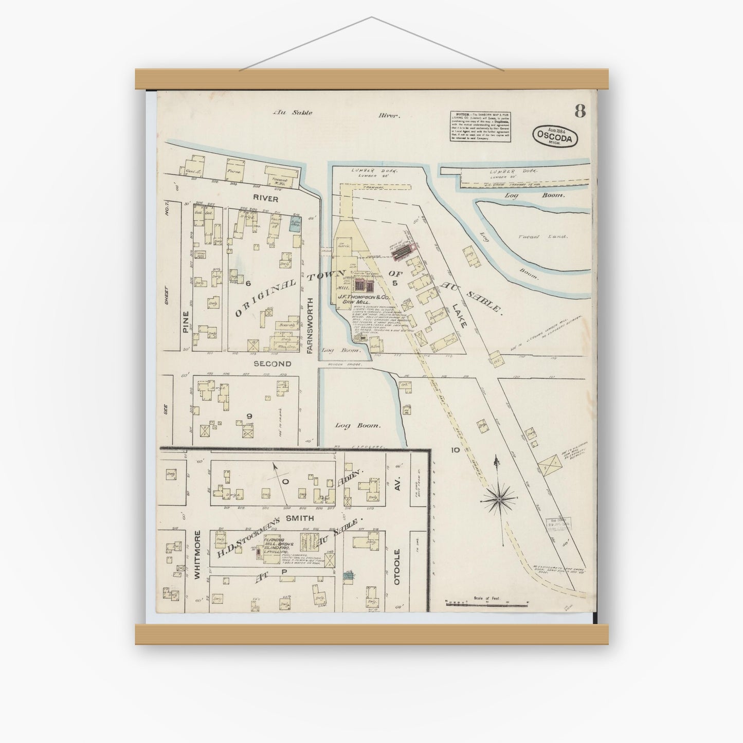 Old map wall art mockup — magnetic wood frame on white wall — Sanborn Fire Insurance Map from Oscoda, Iosco County, Michigan (1884), Sheet #0008