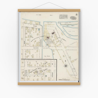 Old map wall art mockup — magnetic wood frame on white wall — Sanborn Fire Insurance Map from Oscoda, Iosco County, Michigan (1884), Sheet #0008