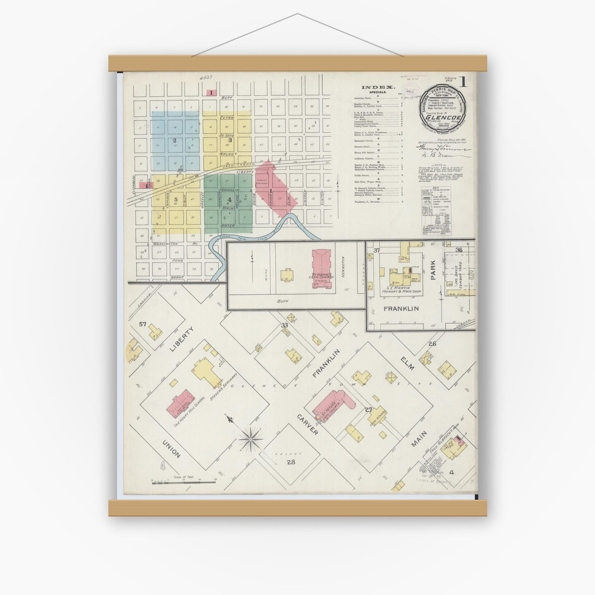 Old map wall art mockup — magnetic wood frame on white wall — Sanborn Fire Insurance Map from Glencoe, Mcleod County, Minnesota (1893) - Complete Map Set